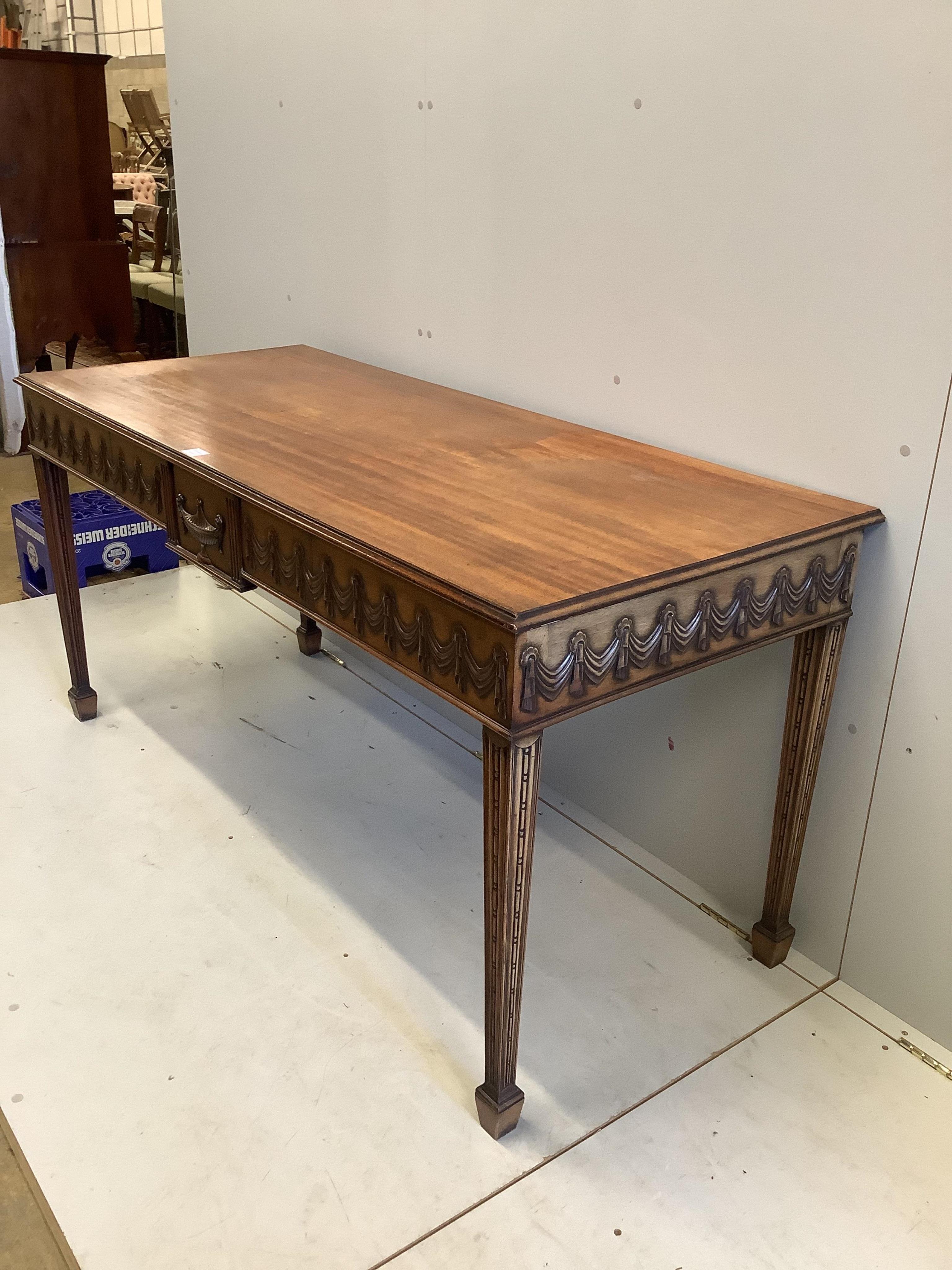 A Victorian Druce & Co. Adam revival mahogany serving table, width 163cm, depth 69cm, height 80cm. Condition - fair-good